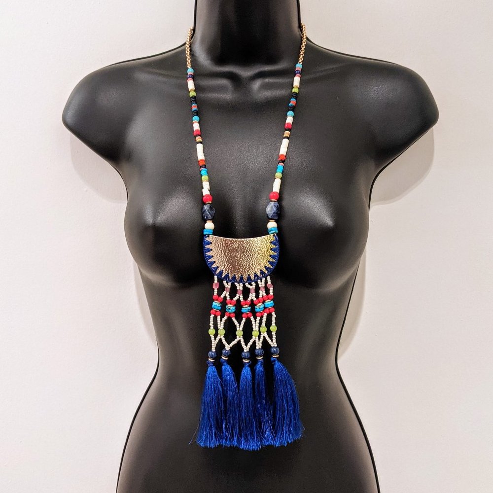 Chico's Tribal Boho Seed Bead Tassel Pendant Statement Necklace